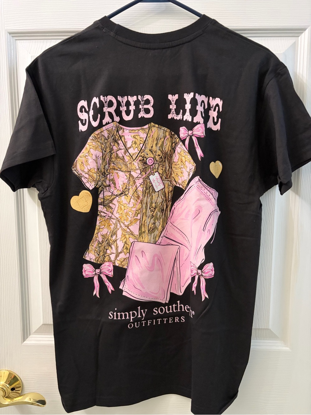 Simply Southern Women’s "Scrub Life" Black Tee with Pink Graphic Size M